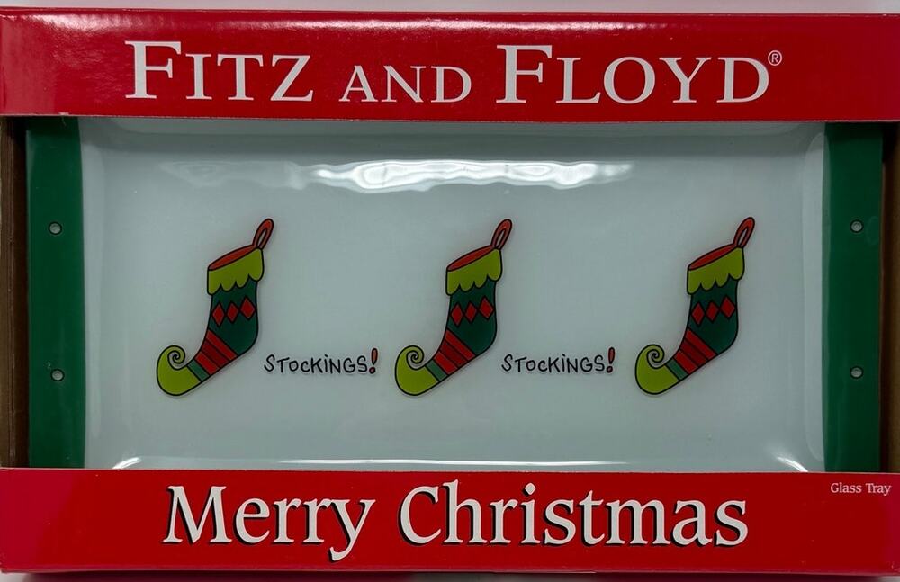 Fitz and Floyd Merry Christmas Stocking‎ Glass Tray 2019 Three Stockings